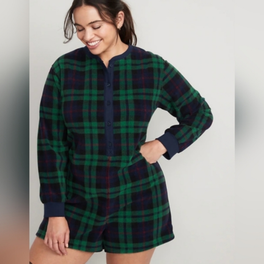 Old Navy Plaid Fleece Romper Navy/Green